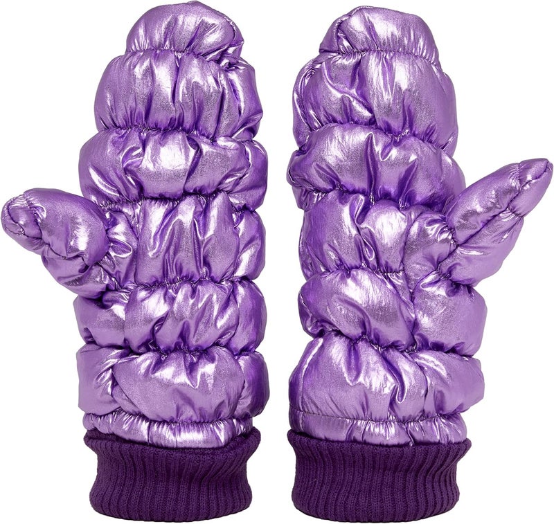 Funky Junque Women's Fleece Lined Puffer Mittens Gloves, Cold Weather Accessory for Ice Skating, Shiny Metallic Knit Cuff - Image 1